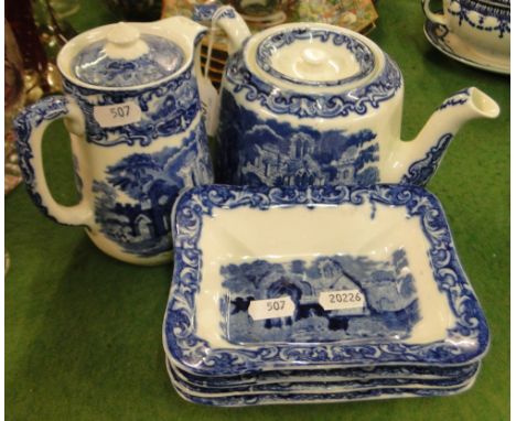 George Jones "Abbey" teapot, hot water jug and shredded wheat bowls.