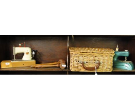2 Childrens sewing machines, 2 turned wood gavels & a small Coracle hamper