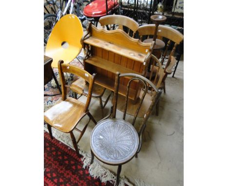 Pair of beech elbow chairs, elm seat chair, bentwood chair, shelf etc