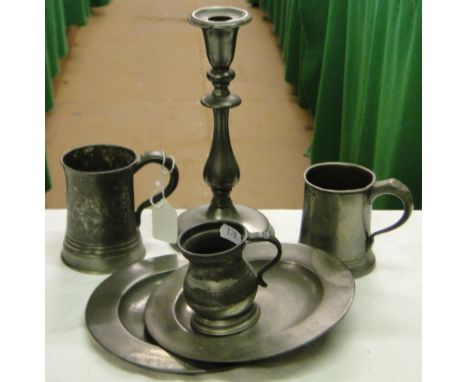 3 Pewter mugs, a plate and candlestick.