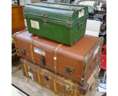 2 vintage suitcases & a metal trunk