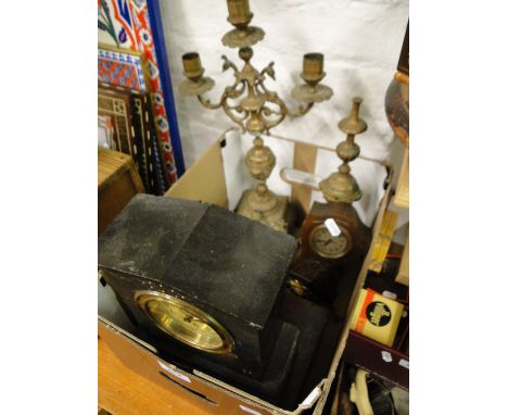 A slate mantel clock, candelabra, small Arts & Crafts oak cased clock, etc.