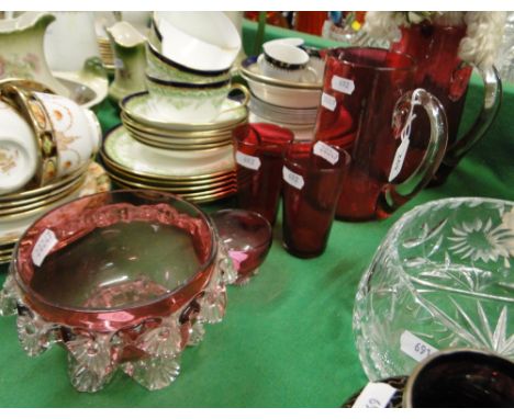 Cranberry glass jugs, a small Steiff bear, etc.