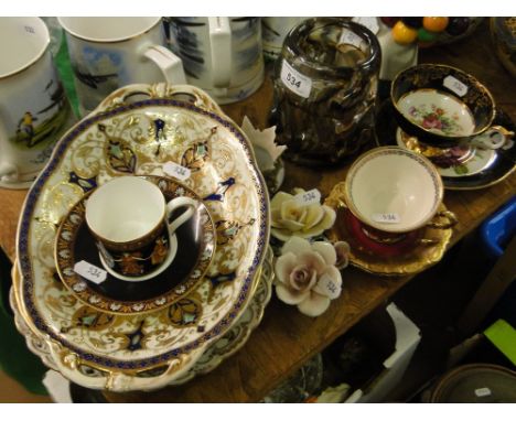 A Whitefriars knobbly glass vase, comport and cabinet cups and saucers.