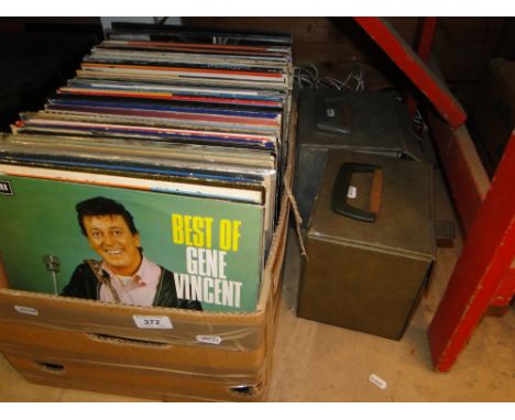 Box of vintage LP records & 2 cases of 45 rpm records
