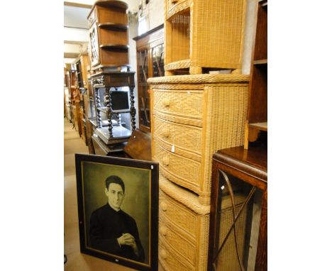 A pair of modern wicker bow front 3-drawer chests and a pair of matching bedside cabinets and an olegraph portrait of a gentl