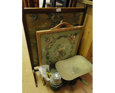 2 Needlework panelled firescreens and a pair of kitchen scales.