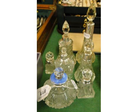 Cut glass scent, blue enamel & silver mount & 6 other silver mounted scents