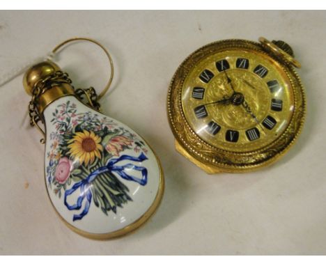 An enamelled scent flask and a gilt metal pocket watch