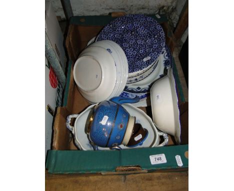 Blue and white plates, teapot, etc.