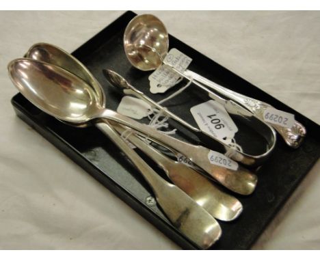 3 Russian silver spoons, silver sugar tongs, silver tablespoon and a plated ladle