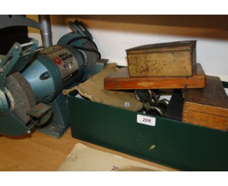 Boxed tools, binoculars, fish cutlery, and a bench grinder, etc.