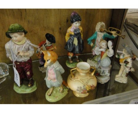 A group of English and continental porcelain,including German porcelain monkey band figure, Sitzendorf figures, Royal Worcest