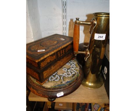 Inlaid jewel casket, a button footstool, tea caddy and a brass vase.