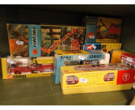 Boxed Corgi Toys fire engine, a Priestman Cub Shovel, Corgi Toys Holmes Wrecker, etc