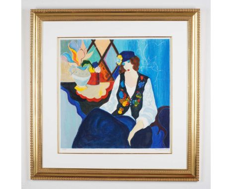 This vibrant hand-signed textured paper serigraph titled Waiting by Itzchak Tarkay captures a serene moment of quiet anticipa
