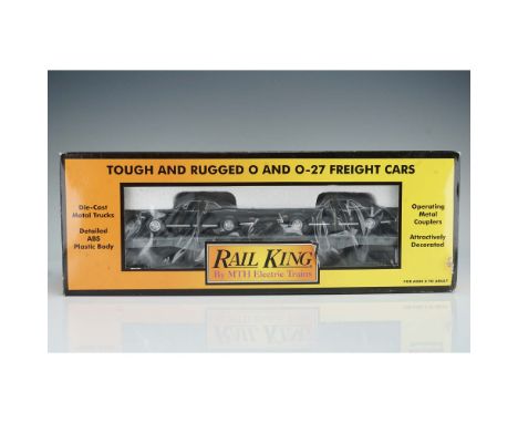 Rail King by MTH Electric Trains O Gauge flat car featuring two die cast classic black 1970 style muscle cars securely mounte