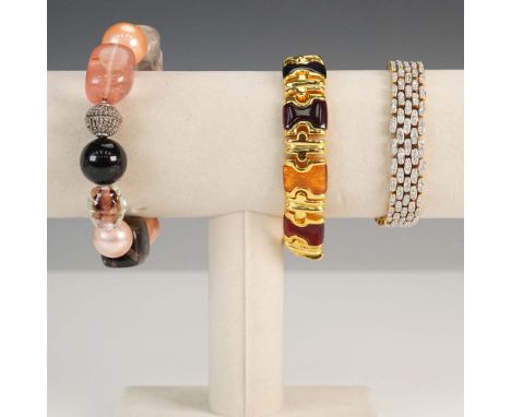 Attractive 3-piece bracelet set including a multi-bead clasp bracelet with polished stones and pearls, a colorful gold-tone e