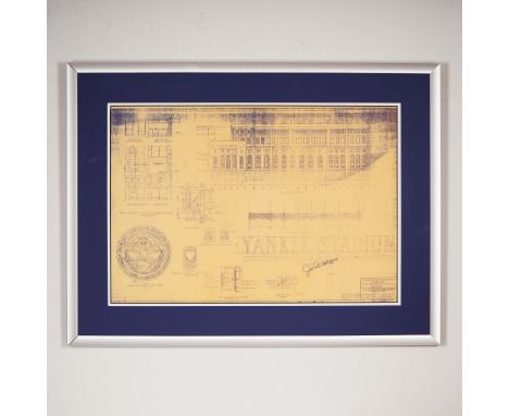 Framed large-format reproduction of the original architectural blueprint for Yankee Stadium, featuring detailed technical dra