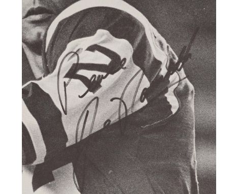 Black and white publicity photo of Hall of Fame quarterback Joe Namath in his New York Jets uniform, signed boldly across the