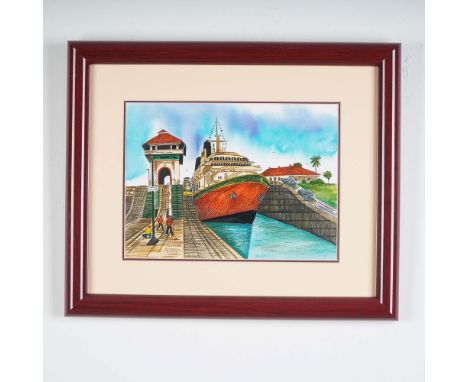 This detailed black ink and watercolor drawing by Tolmos captures a vivid scene of the Panama Canal, specifically the Miraflo
