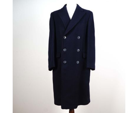 Classic men's navy blue wool overcoat by Gort &amp; McLeod, tailored for Macy's Men's Store in New York. Sized 42 Long, this 