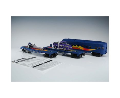 A vibrant 3-piece Lionel train set from the Hot Rod Series, featuring two 6424 flatcars and a matching passenger car. Each fl