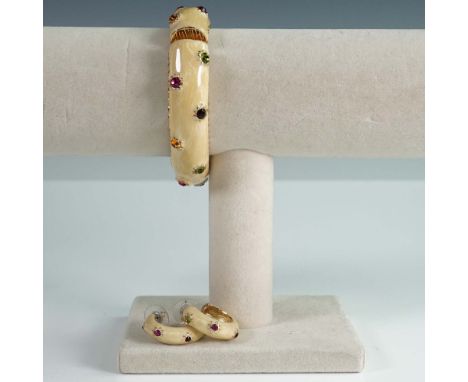 Three-piece jewelry set by Landau featuring cream-colored enamel with multicolored rhinestone accents. The set includes a ban