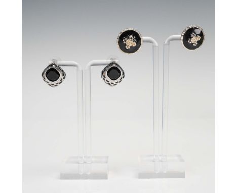 Collection includes one pair of silver-tone stud earrings featuring black faceted stones in domed square settings with an ope