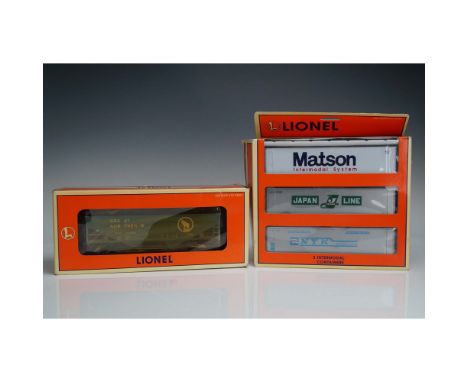 This lot features a Lionel 6-12987 intermodal container 3-pack and a Lionel Great Northern 2-bay hopper car, model 6-16443. T