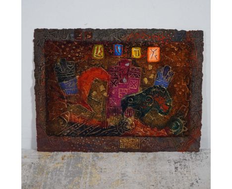 A striking Carborundum color etching relief on paper by David Dodsworth, signed and numbered 19/250. This dynamic composition