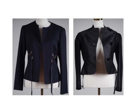 This striking 2-piece set of Valentino designer vintage jackets features two highly distinctive silhouettes in deep black ton