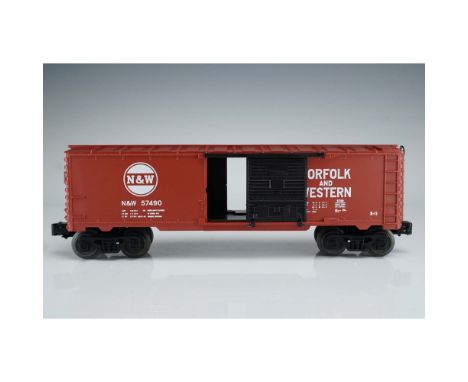 This Lionel model freight car features the Norfolk and Western livery in deep red with white lettering and the N&amp;W logo, 