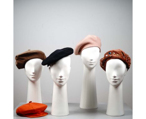 Assortment of five stylish women's berets in classic and embellished designs. Includes:  Baccarat brown beret with gathered c