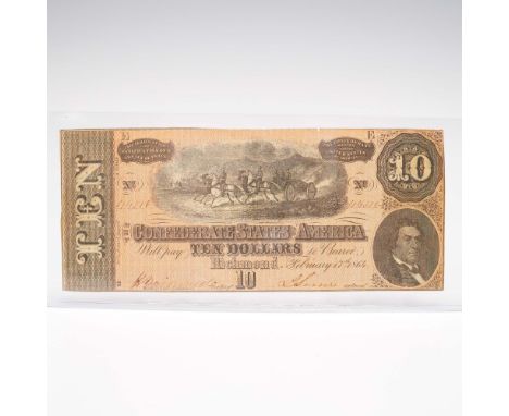 This lot features an antique Confederate States of America Ten Dollar note, dated February 17, 1864, during the American Civi