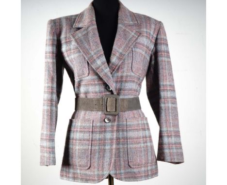 Vintage Yves Saint Laurent Rive Gauche women's jacket in a muted multicolor plaid wool, tailored in a structured silhouette w