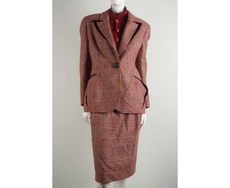 A timeless 3-piece vintage ensemble from Valentino Boutique, composed of a tailored glen plaid wool blazer, matching skirt, a