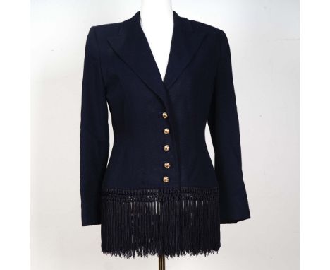 Striking Valentino Boutique tailored jacket in deep navy, featuring a bold fringed hem and sculptural gold-tone knot buttons.