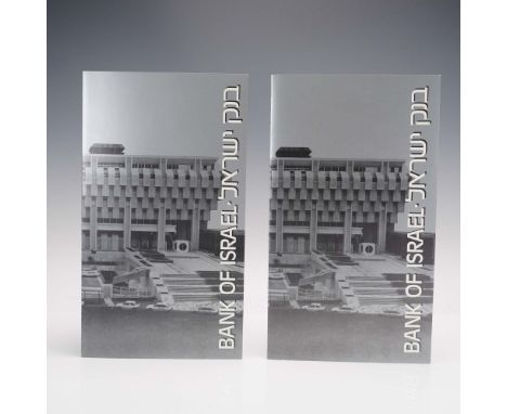 Set of two commemorative uncut banknote sheets issued by the Bank of Israel and presented in official display folders. One sh