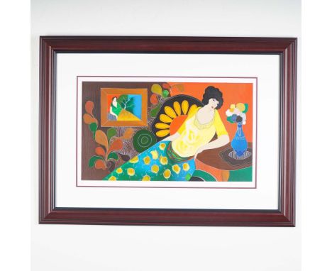 Colorful and serene, this limited edition serigraph titled Danielle's Thoughts by Israeli artist Itzchak Tarkay showcases his