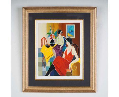 Vibrant and boldly stylized serigraph titled Cafe Company by Israeli artist Itzchak Tarkay, depicting two elegant women seate