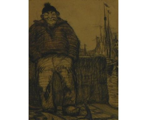 •Ralston Gibbs (1882-1970). Figure of a fisherman seated smoking pipe before masts, pencil, signed, 30cm x 23cm.