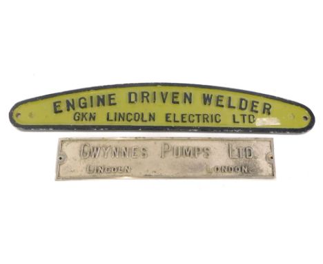 Two Lincoln related engine plaques for the engine driven welder made by GKN of Lincoln Electric Limited, and a plaque for Gwy