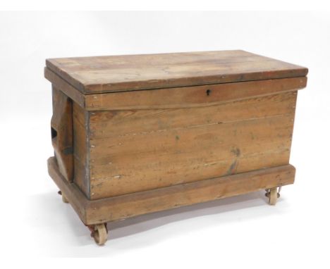 A pine tool chest, containing extensive collection of vintage chisels, other tools, some stamped.