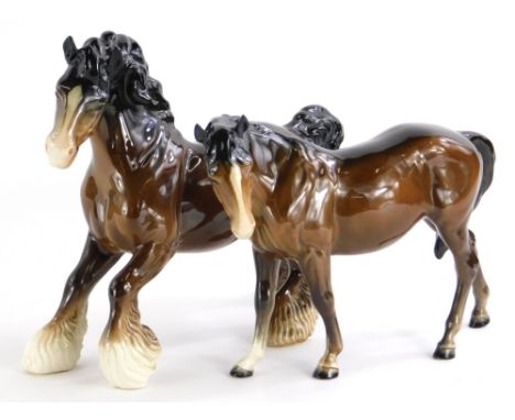 A Beswick ceramic model of a brown horse, and a brown shire. (2)