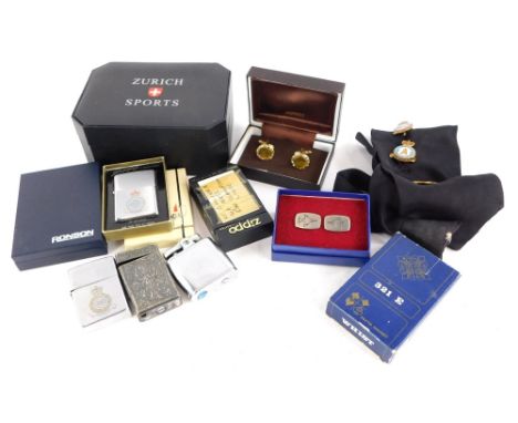 Miscellaneous RAF and other memorabilia, to include commemorative Zippo lighters, a Ronson lighter, RAF squadron enamel badge