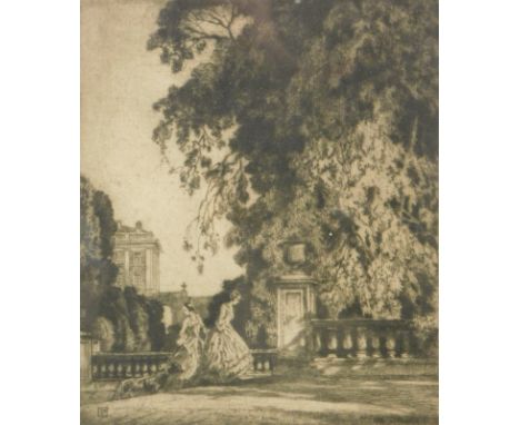 Percy Laueaeki (20thC School). Regency ladies in garden, engraving, signed, 17cm x 15cm, Anna Pugh, Brownbird nesting, artist