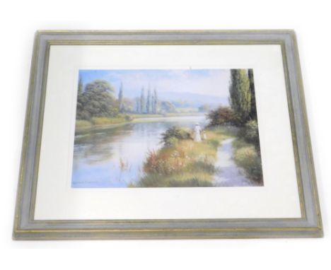 After Spencer Coleman. Lady and child beside a river, coloured print, 37cm x 47cm.