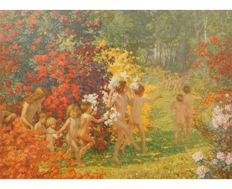 Arthur John Black (1855-1936). Nude children frolicking in a forest, artist signed print, signed to the mount with watermark,