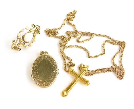 Three items of jewellery, to include a 9ct oval locket with foliate decoration, 6.1g all in, a bar brooch set with imitation 